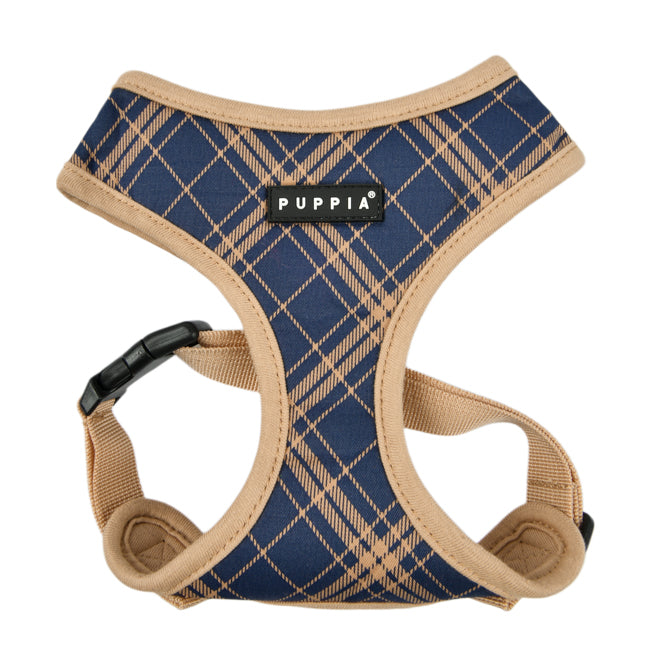Arnés para perro con estampado a cuadros en tonos azul y beige, con un diseño elegante y moderno. Ajustable por el pecho para ofrecer un ajuste cómodo y seguro, ideal para perros pequeños y medianos.
