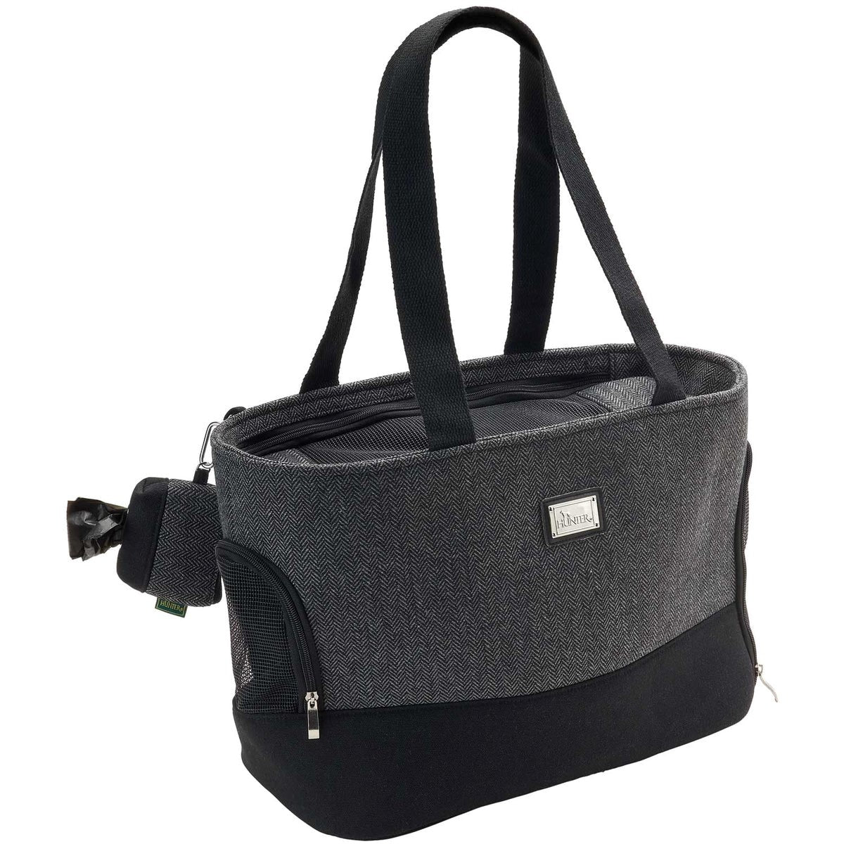 Bolsa Transportín Hunter para perros, con diseño elegante en espiga, material de lana suave y mosquetón de seguridad. Ideal para perros de hasta 8kg.