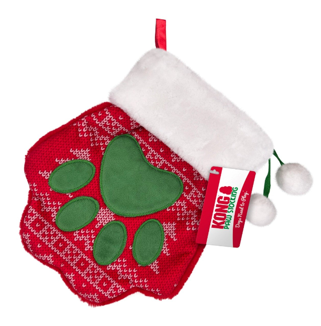 Calcetín navideño para perros de Kong con diseño en forma de huella, ideal para guardar juguetes y golosinas en Navidad.
