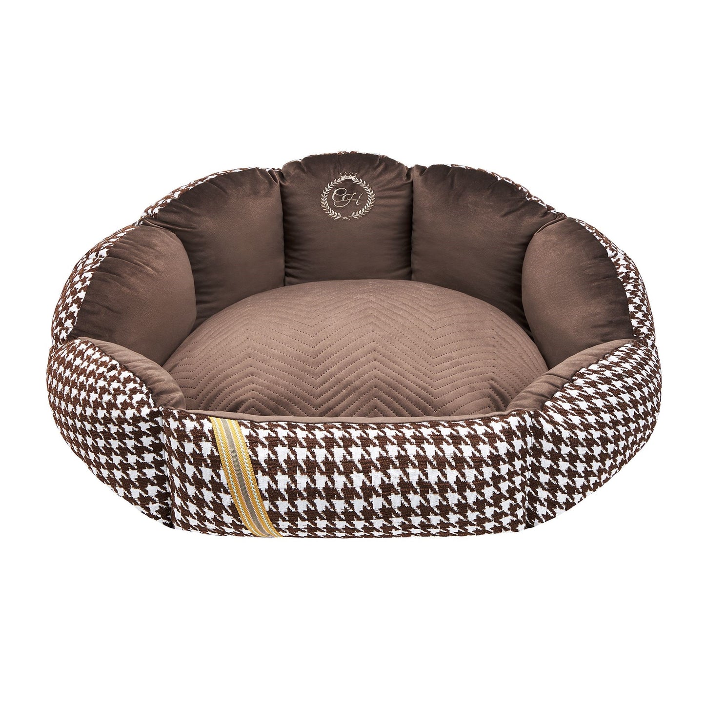 Cama Positano Chloe's con diseño redondo, borde elevado y estampado de pata de gallo, ideal para perros pequeños y medianos.