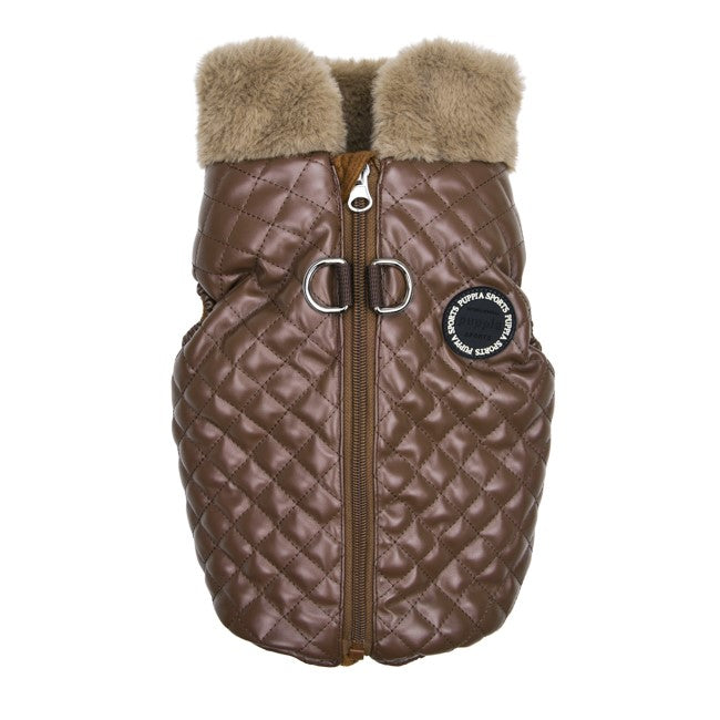 Chaqueta Día de Puppia, acolchada y con cuello de pelo sintético, diseñada para proteger a tu perro del frío con estilo.