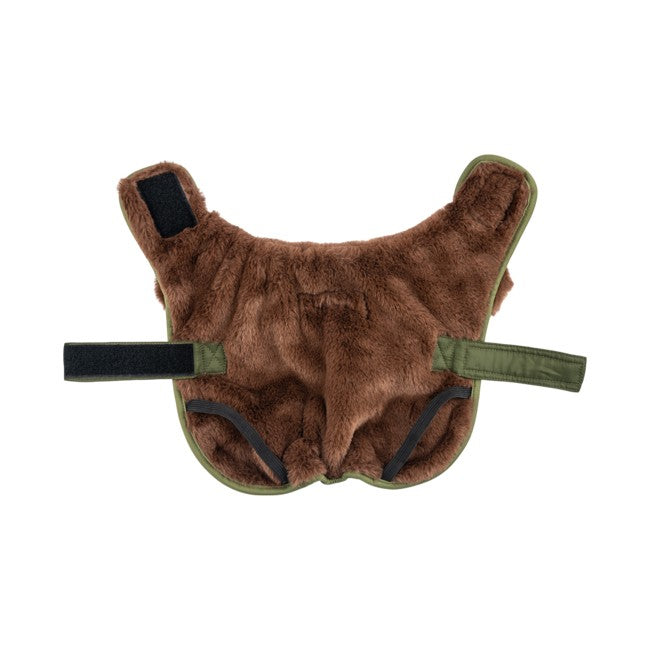 Cuello de pelo suave y cálido en la chaqueta Highland de Puppia, diseño elegante y cómodo para perros.