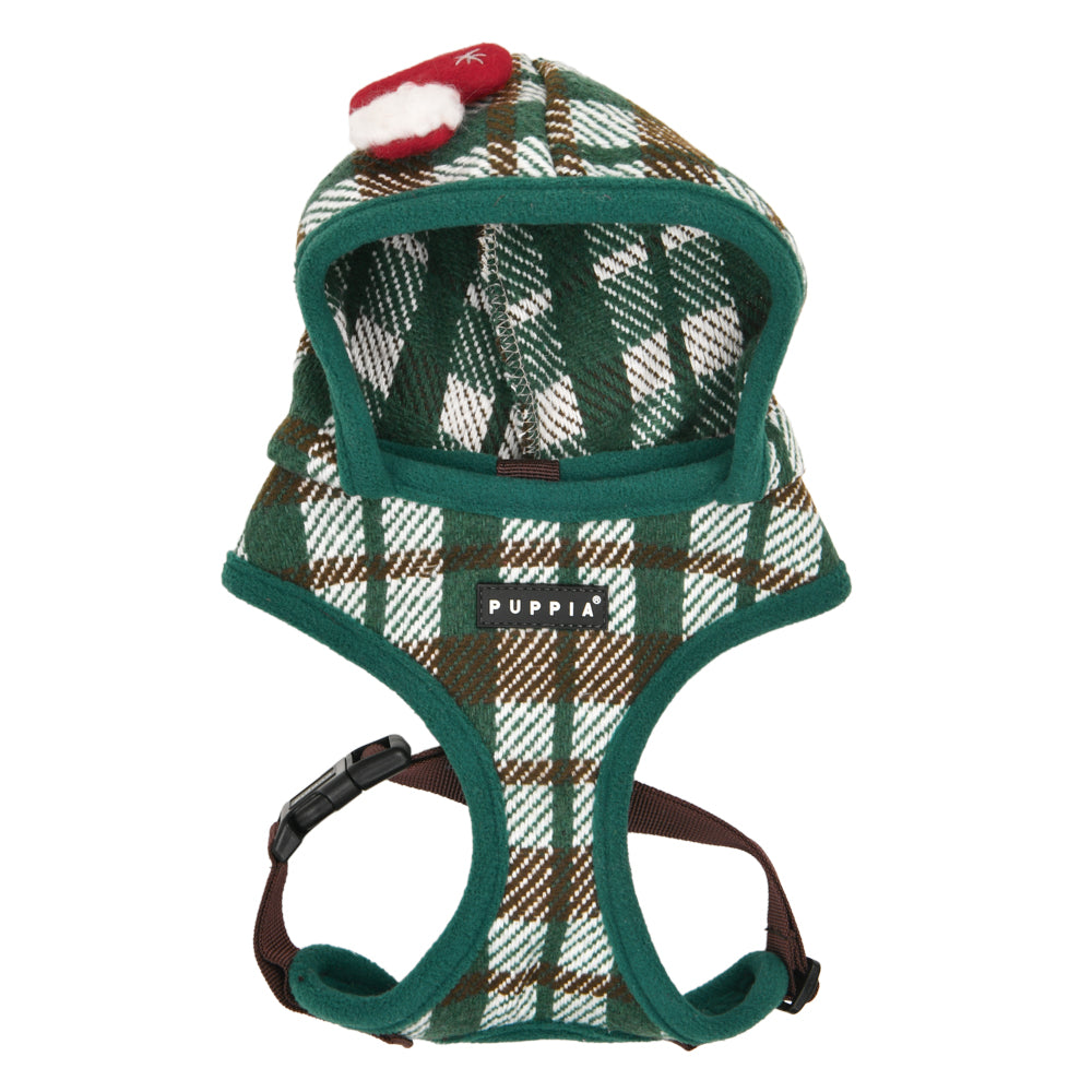 Capucha del Arnés Festive Puppia, que proporciona protección adicional contra el frío y la lluvia, ideal para el clima de otoño e invierno.