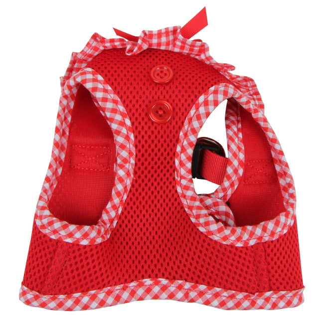 Detalle decorativo de botones y blonda en el Arnés Chaleco Vivien Puppia, proporcionando un toque elegante y sofisticado para tu perro.