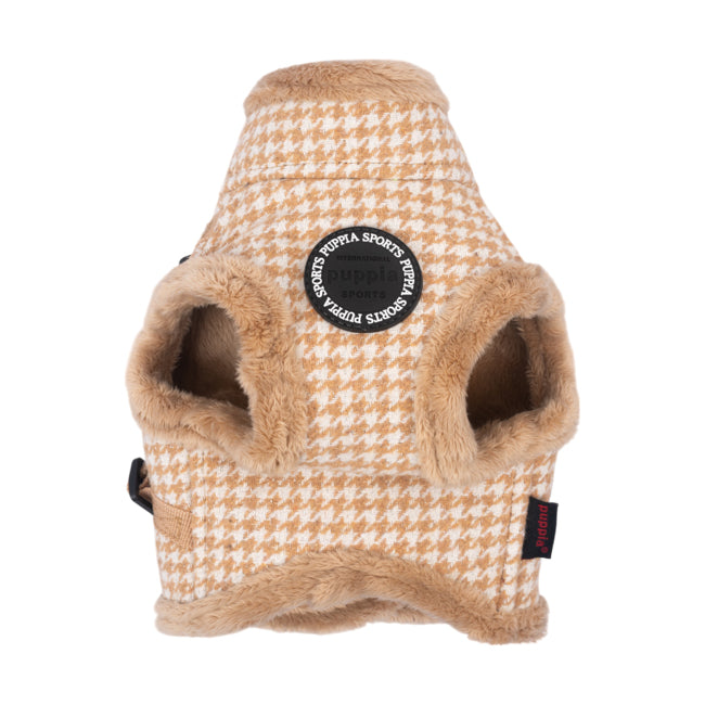 Detalle del diseño de moda Chic Hound del arnés chaqueta Puppia, con corte elegante y cuello alto.