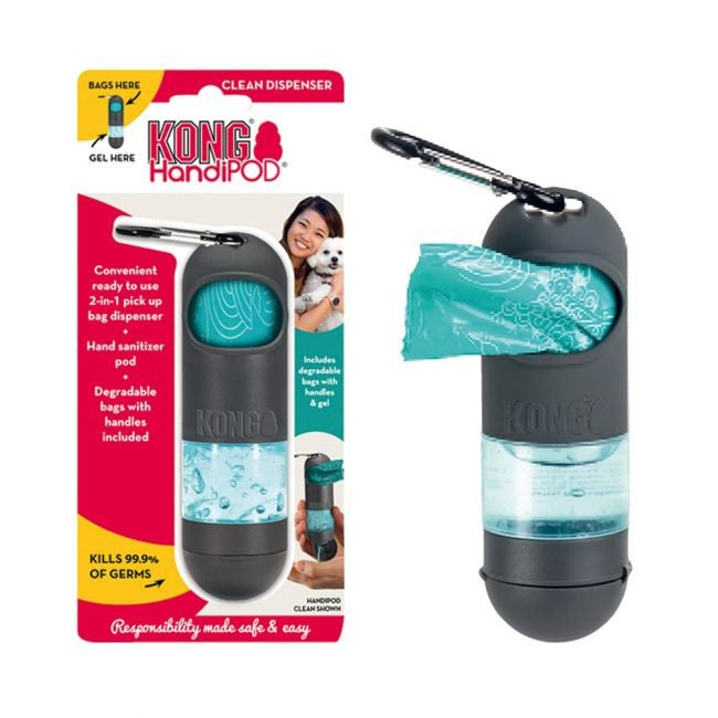 Dispensador de Bolsas y Gel Desinfectante Kong, diseño compacto y ergonómico, ideal para paseos cómodos y sin complicaciones.