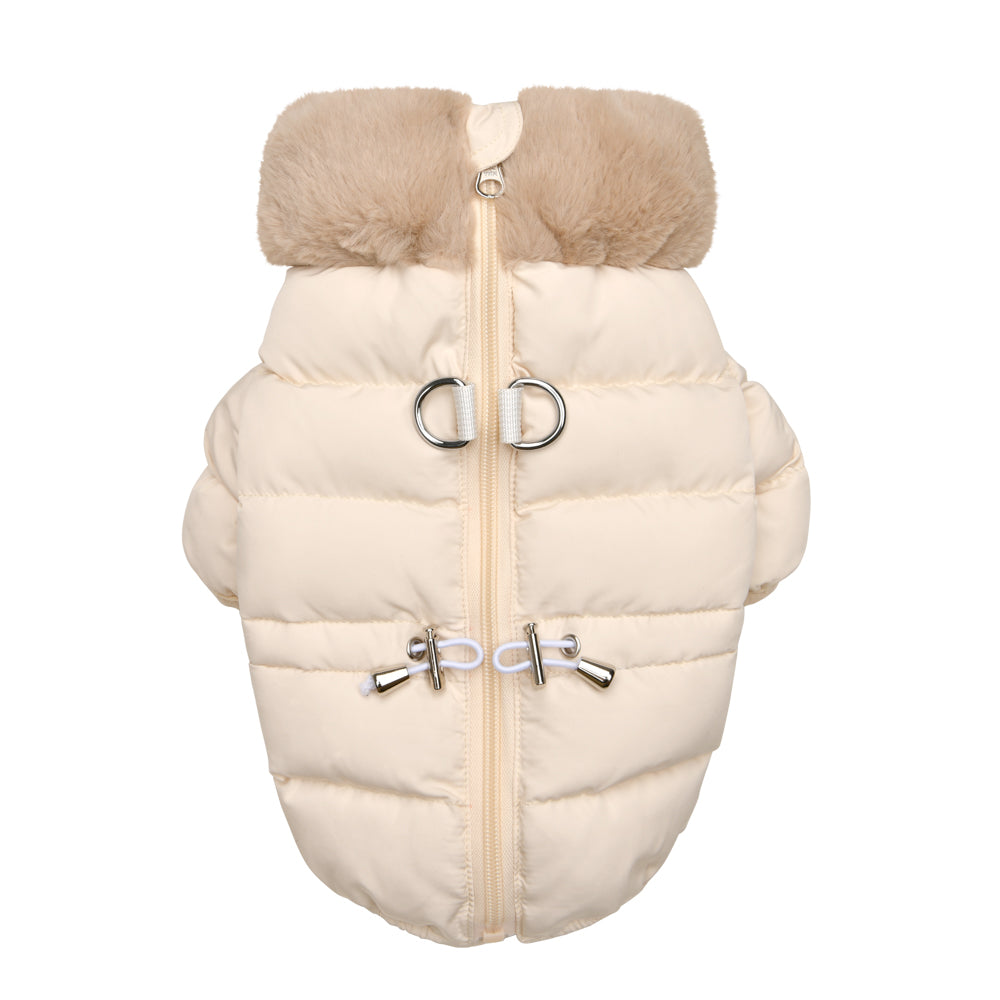 Parte trasera de la Chaqueta Marshmallo Puppia, destacando su diseño ajustable en la cintura y su práctico cierre con cremallera.