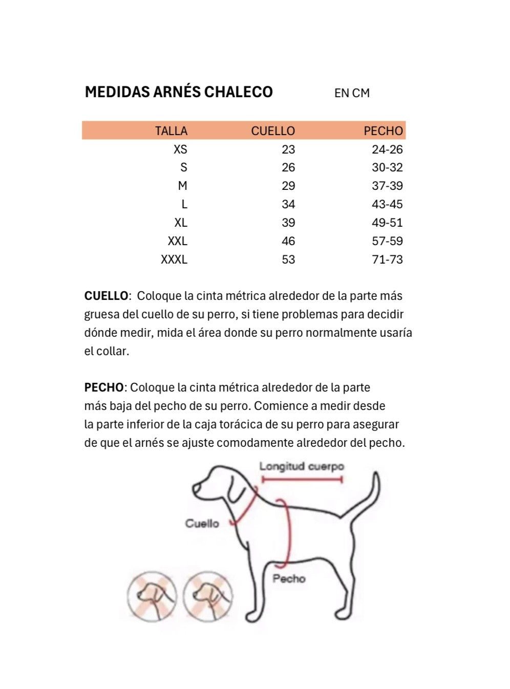 Tabla de tallas del Arnés Mabel de Pinkaholic, mostrando las medidas del contorno del cuello y el pecho para asegurar un ajuste perfecto en perros pequeños.