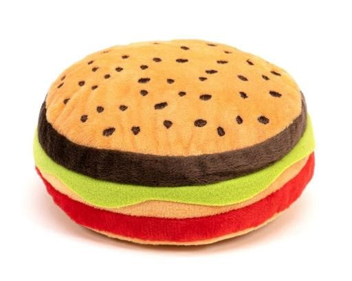 Hamburguesa Mini de Peluche para perros, juguete interactivo que emite sonido al presionar, ideal para mantener a tu mascota entretenida.