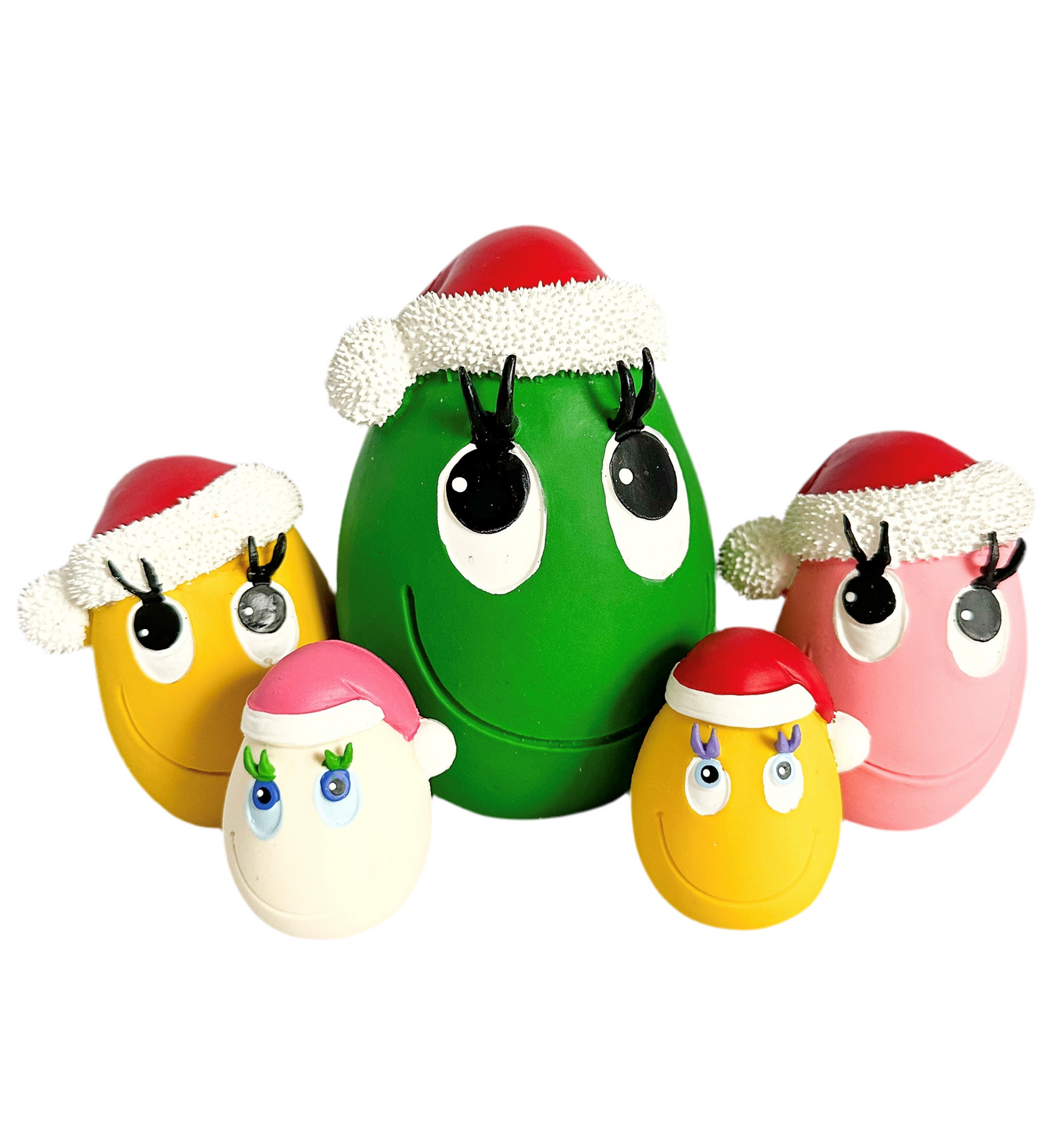 Huevitos Noel, juguetes navideños de látex malayo natural para perros, duraderos y seguros, ideales para jugar durante las fiestas.