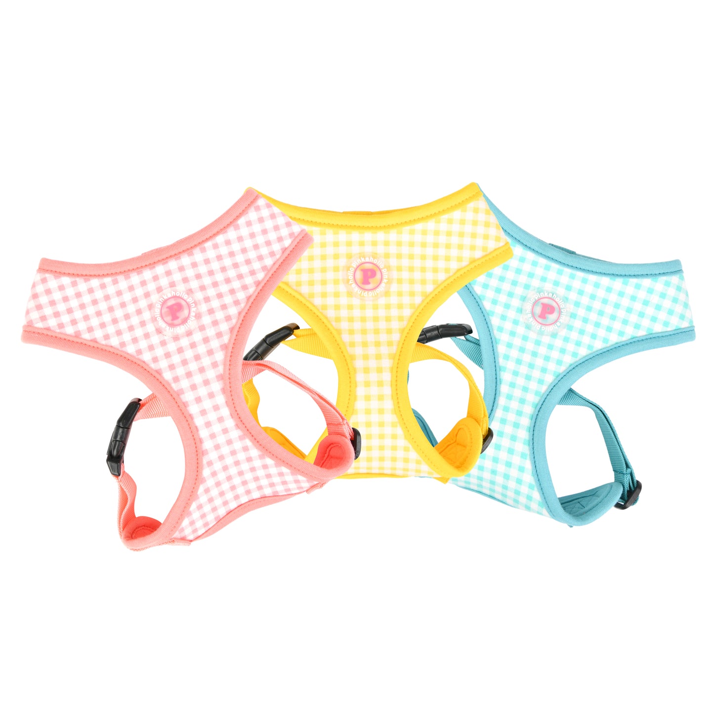 Arnés Alaia de Pinkaholic con estampado a cuadritos en colores vivos como rosa, azul y blanco, ideal para perros pequeños durante el verano
