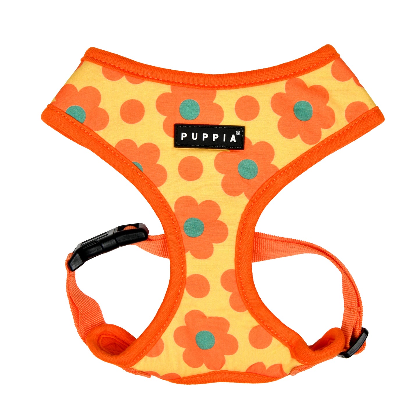 Arnés Bacopas de Puppia con estampado floral vibrante, ideal para perros pequeños y medianos. Diseño ajustable y cómodo.