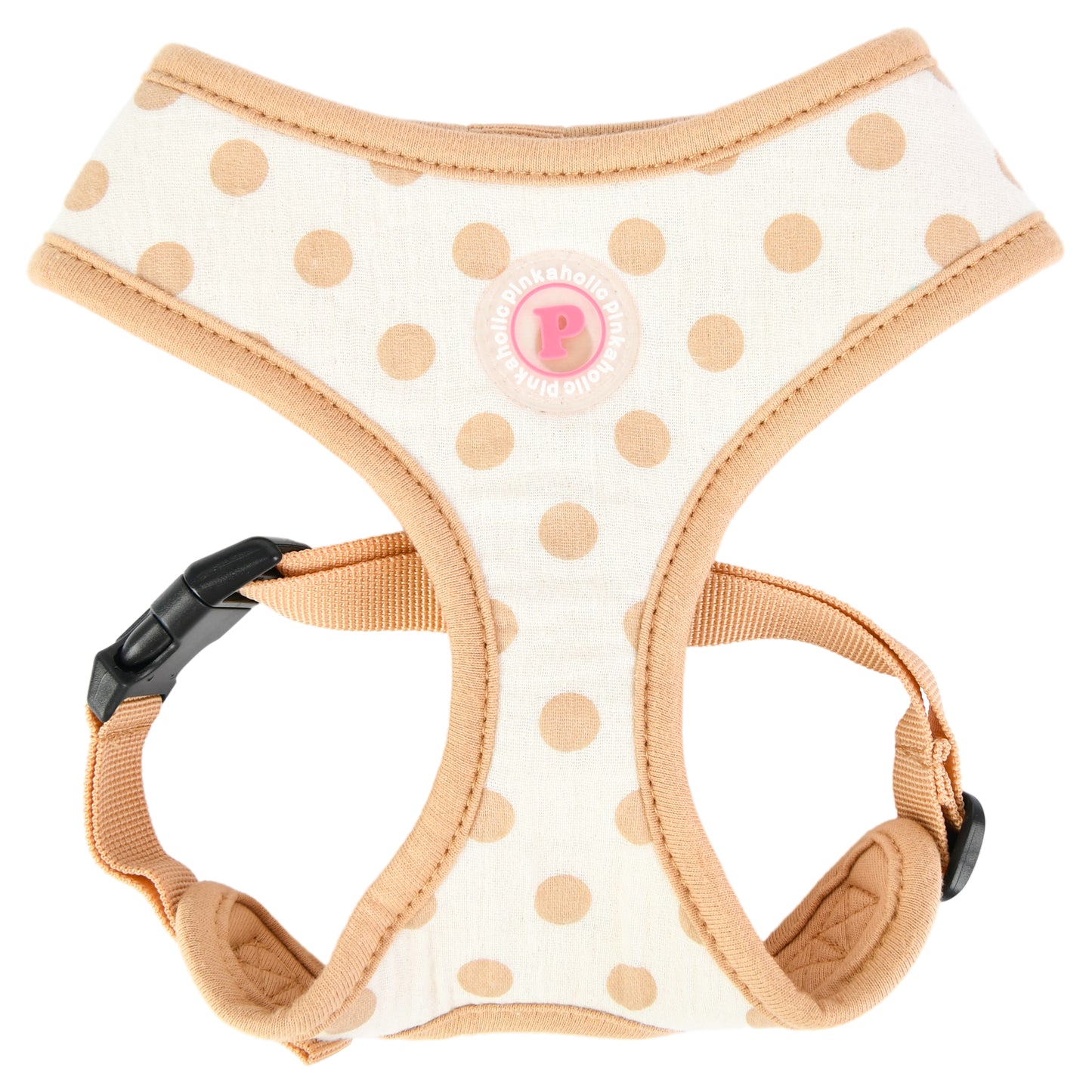 Arnés Ida de Pinkaholic con estampado de topos en tonos marrón y beig, elegante y cómodo, ideal para perros pequeños.