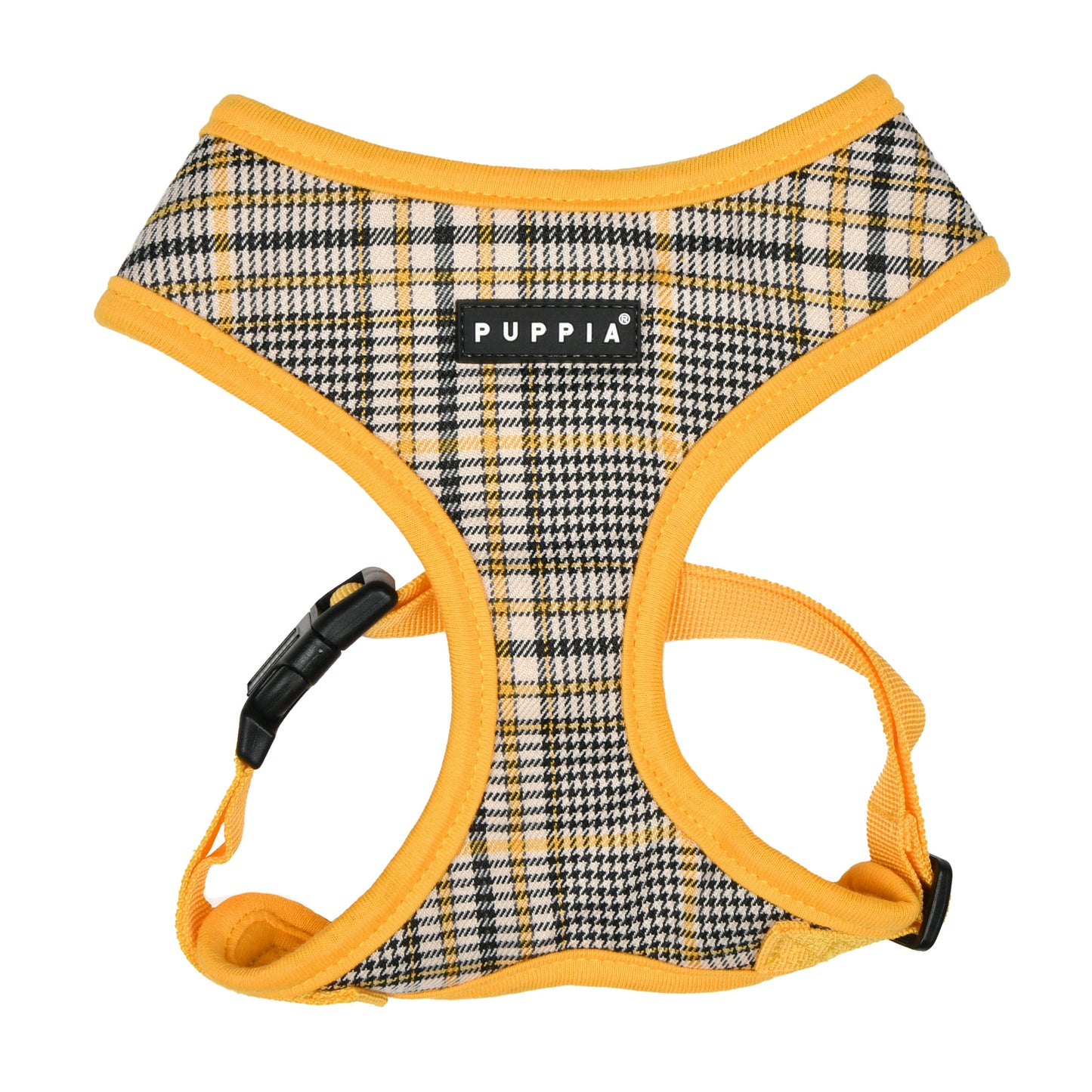 Arnés Lucas de Puppia en cuadros amarillo y negro, ideal para perros pequeños y medianos. Diseño cómodo y seguro.