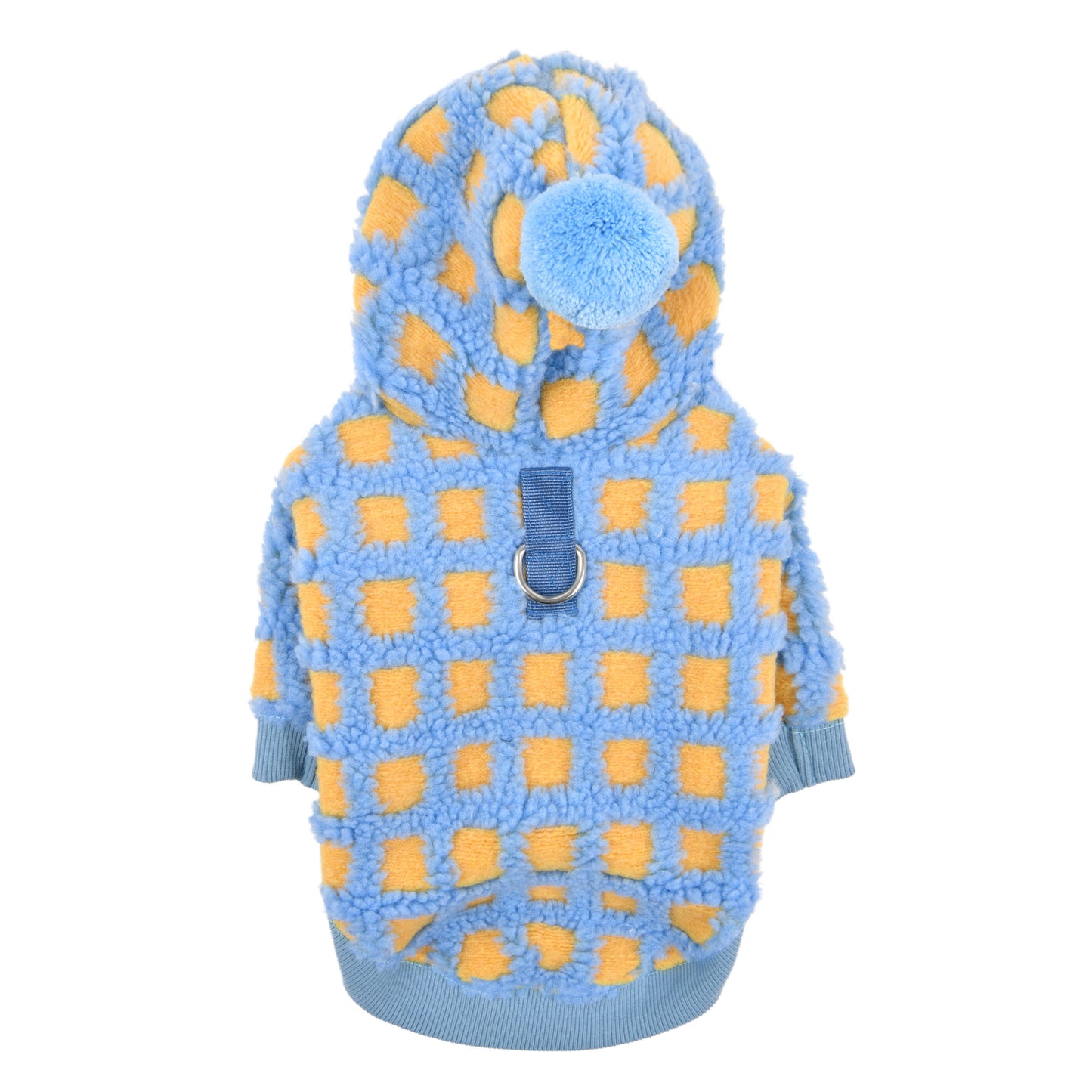 Jersey de invierno para perros con capucha y arnés integrado, diseñado para mantener a tu mascota cálida y cómoda en los días fríos.