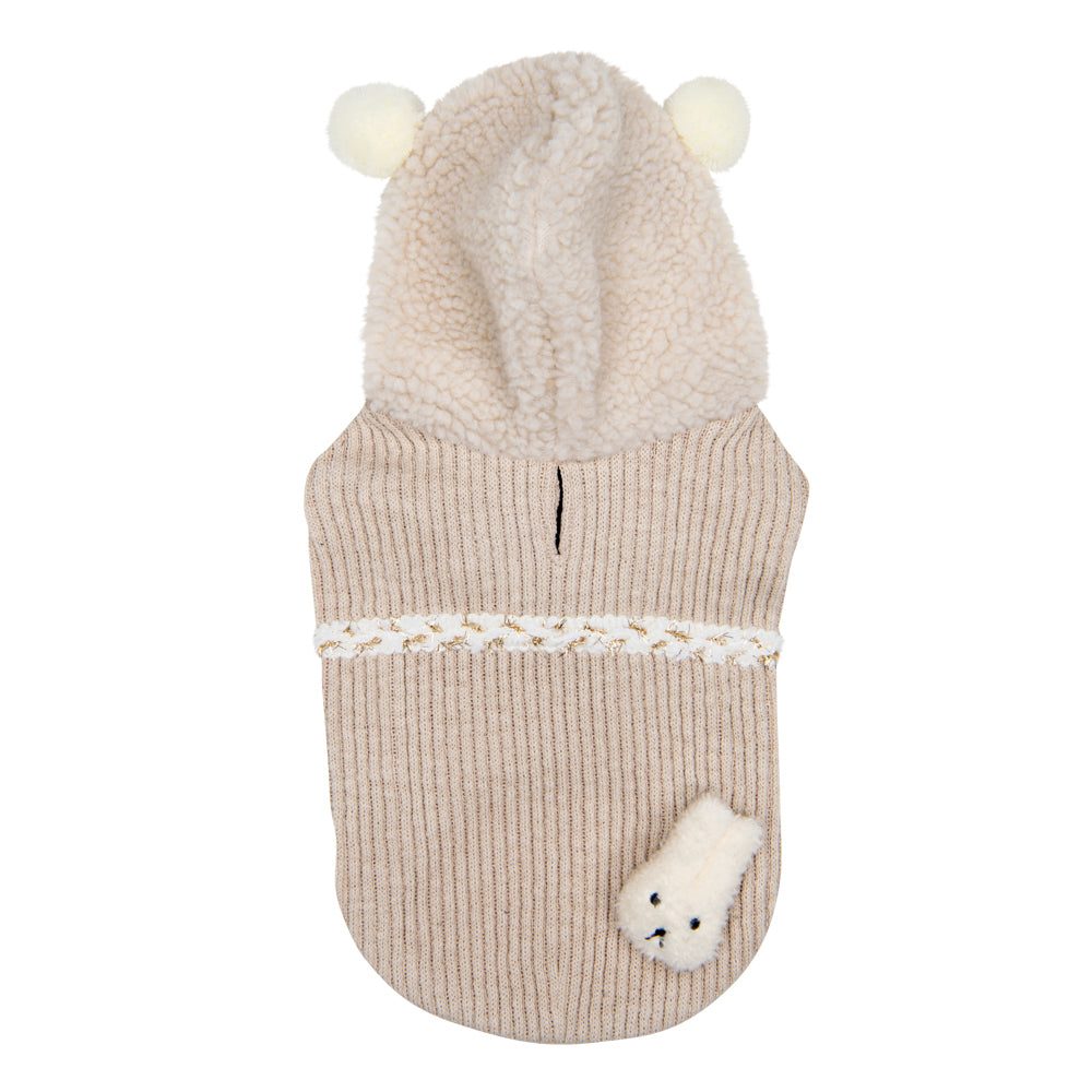 Jersey de invierno para perros con capucha cálida, peluche decorativo y agujero para correa, ideal para mantener a tu mascota abrigada y estilosa durante los meses fríos.