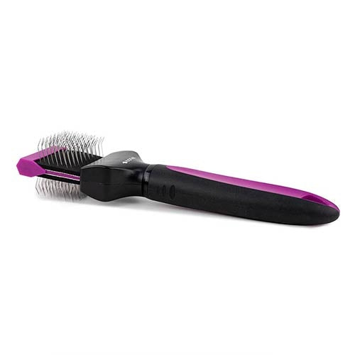 Vista del lado de la Carda flexible Ibañez con púas terminadas en bolitas, ideal para un cepillado suave y seguro en perros con piel sensible.