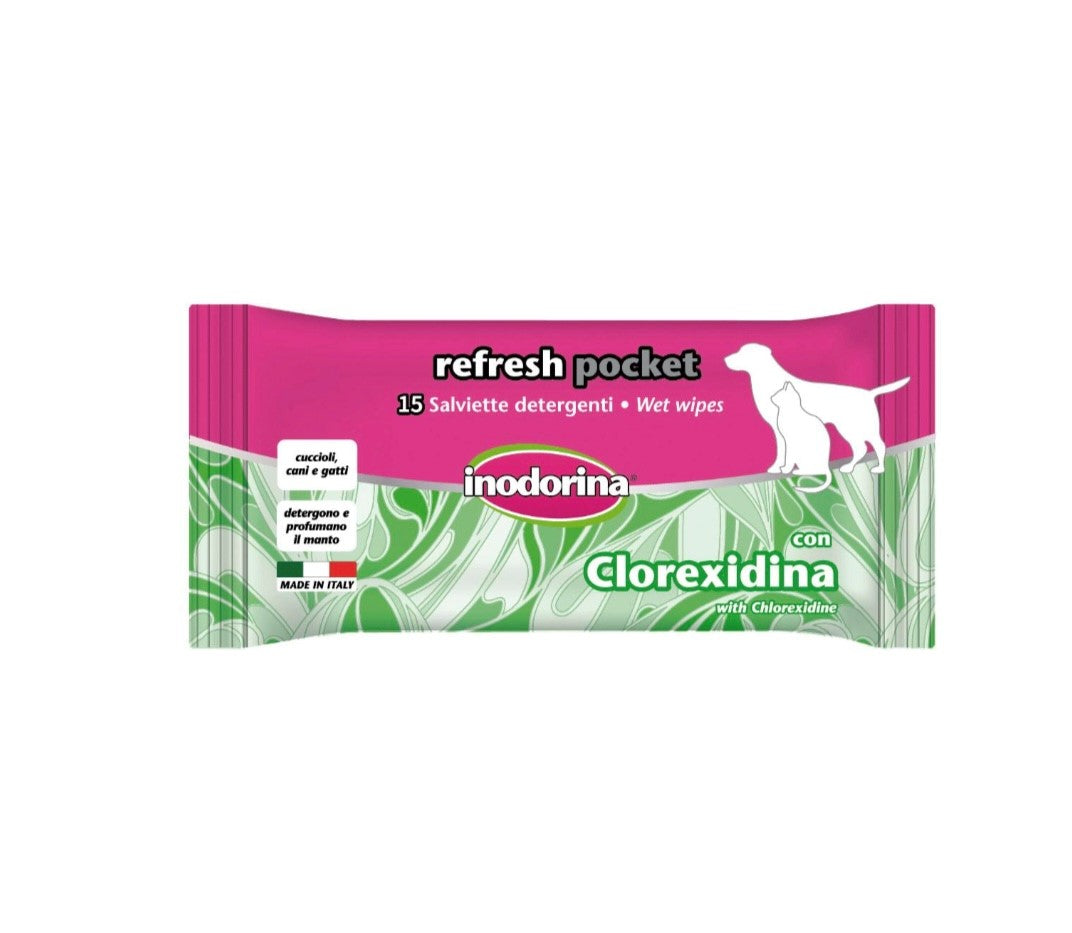 Paquete de Toallitas Refresh con Clorexidina de Inodorina, mostrando el diseño compacto y práctico, ideal para limpieza de mascotas.