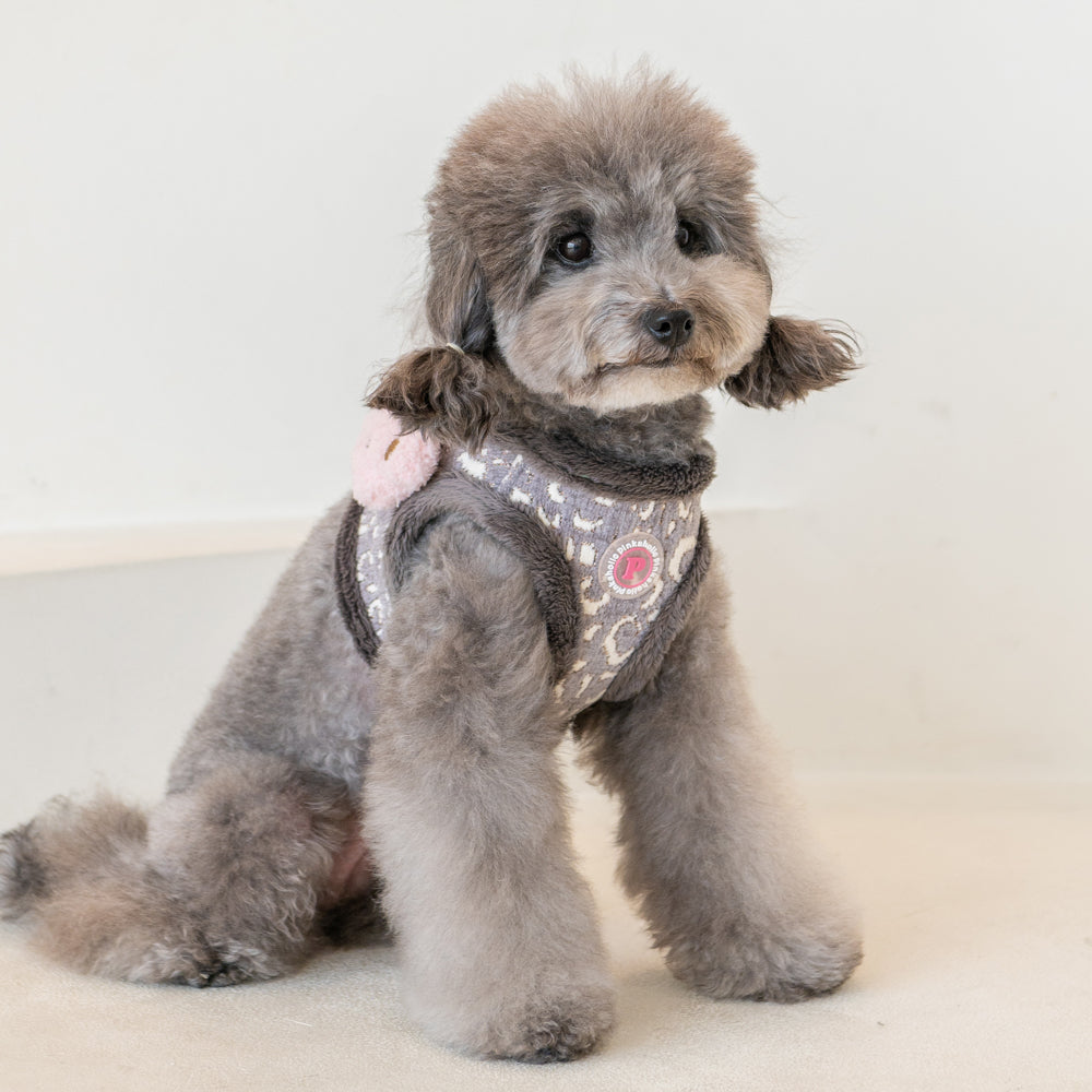 Perro pequeño abrigado y cómodo con el Arnés Chaleco Tailsy Pinkaholic, ideal para mantenerlo cálido en días fríos.