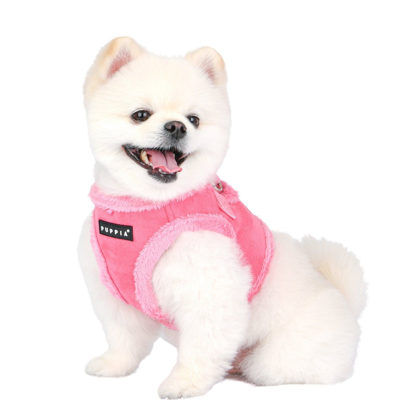 Perro disfrutando con el Arnés Chaleco Terry Puppia, que distribuye la presión de manera uniforme para mayor comodidad.