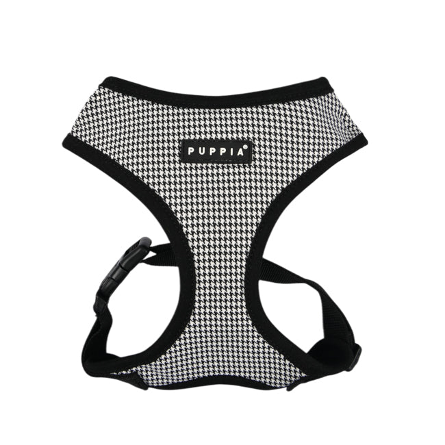 Arnés de perro con estampado clásico de pata de gallo en blanco y negro, ajustable por el pecho, ideal para perros pequeños y medianos.