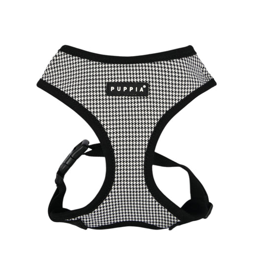 Arnés de perro con estampado clásico de pata de gallo en blanco y negro, ajustable por el pecho, ideal para perros pequeños y medianos.