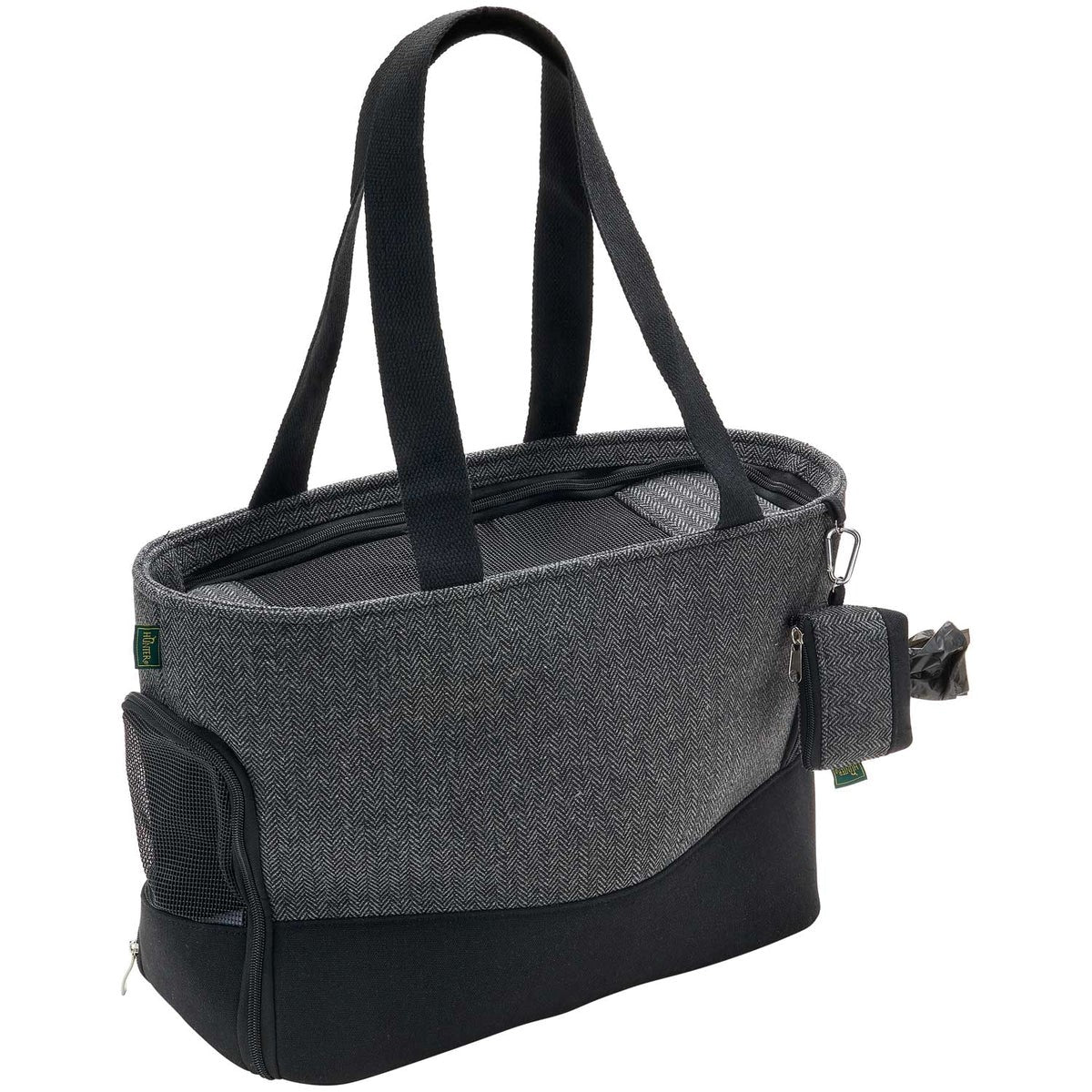 Exterior de la Bolsa Transportín Hunter, fabricada con lana suave y resistente, ideal para viajar con tu perro de manera cómoda y elegante.