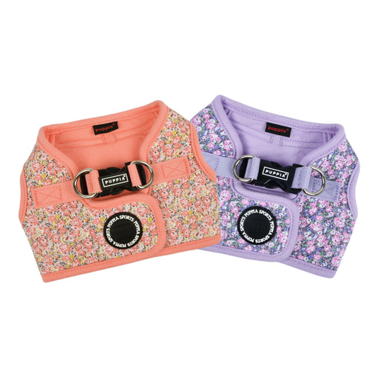 Arnés chaleco Kealoha de Puppia con estampado floral en tonos suaves, ideal para perros pequeños. Diseño cómodo y seguro con cierre de velcro y hebilla.