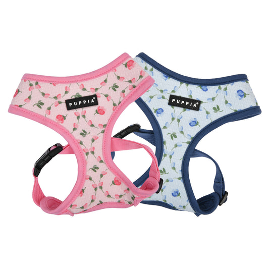 Arnés Florian de Puppia con estampado de florecitas vibrantes, ideal para perros pequeños. Diseño veraniego y cómodo.