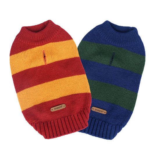 Jersey Rugby Puppia para perro mostrado en la paleta de colores disponibles: azul marino, gris y burdeos.